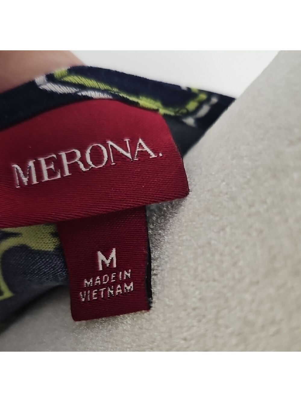 Merona Elegant Navy and Chartruesse Patterned Dress Twist At Bustline Stretchy M - Picture 3 of 12